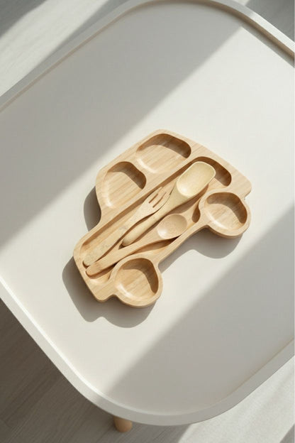 Araba Figürlü Bambu Bebek Mama Seti – Bölmeli Tabak + Kaşık Çatal Seti