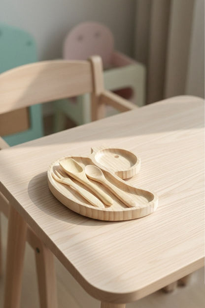 Ördek Figürlü Bambu Bebek Mama Seti – Bölmeli Tabak + Kaşık Çatal Seti