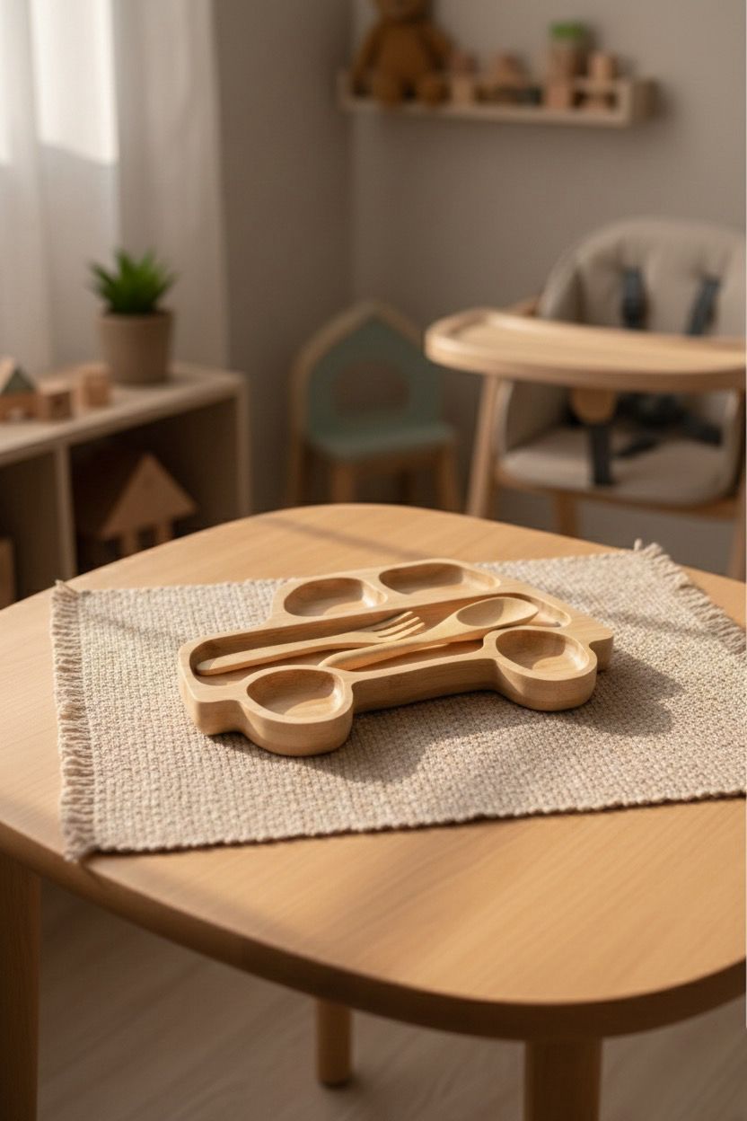 Araba Figürlü Bambu Bebek Mama Seti – Bölmeli Tabak + Kaşık Çatal Seti