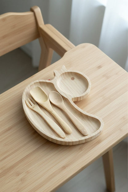 Ördek Figürlü Bambu Bebek Mama Seti – Bölmeli Tabak + Kaşık Çatal Seti