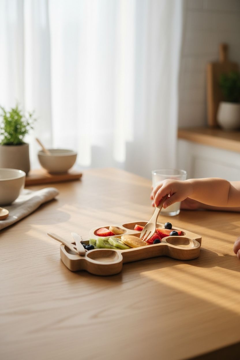 Araba Figürlü Bambu Bebek Mama Seti – Bölmeli Tabak + Kaşık Çatal Seti