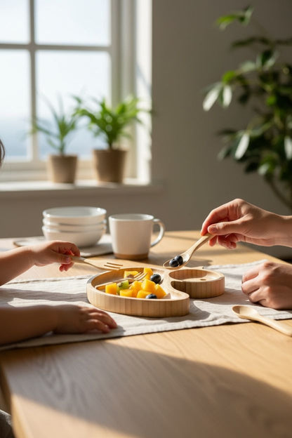 Ördek Figürlü Bambu Bebek Mama Seti – Bölmeli Tabak + Kaşık Çatal Seti