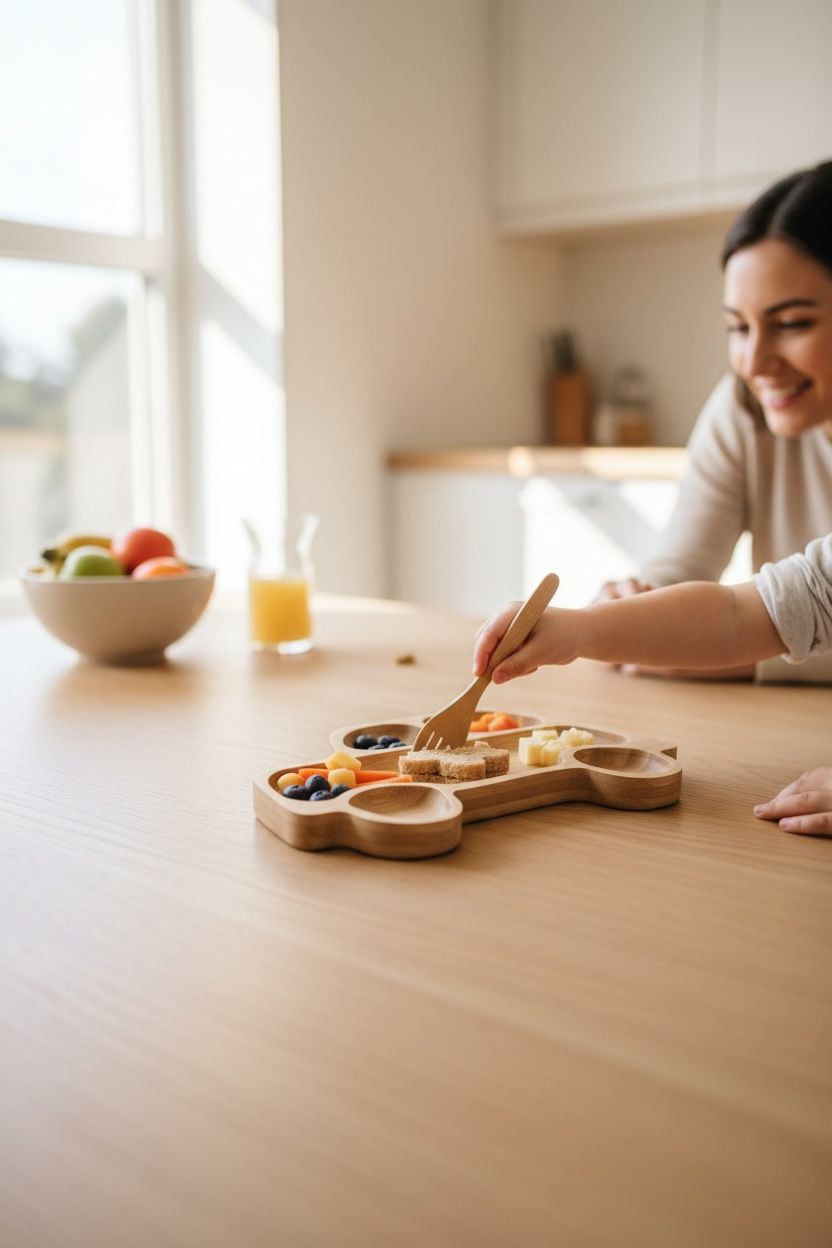 Araba Figürlü Bambu Bebek Mama Seti – Bölmeli Tabak + Kaşık Çatal Seti