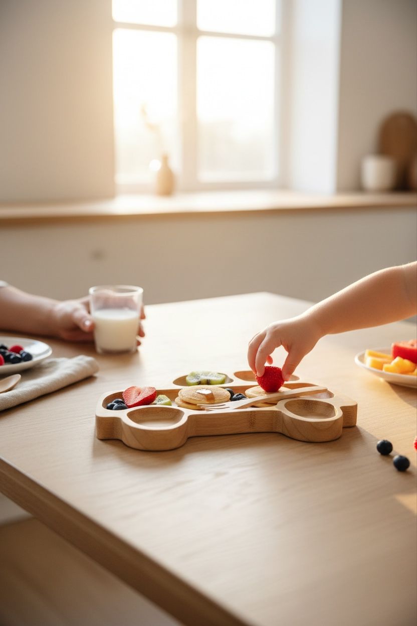 Araba Figürlü Bambu Bebek Mama Seti – Bölmeli Tabak + Kaşık Çatal Seti