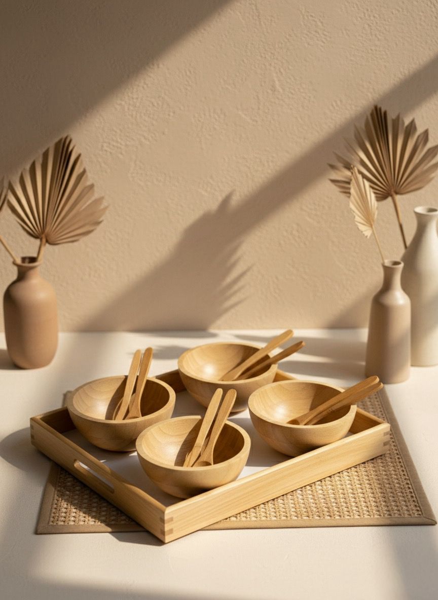 Bambu Tepsili Kase ve Çatal-Bıçak Seti – Doğal, Şık ve Kullanışlı Sunum Seti