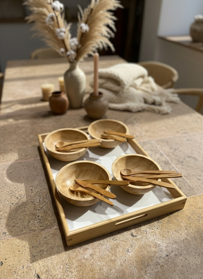 Bambu Tepsili Kase ve Çatal-Bıçak Seti – Doğal, Şık ve Kullanışlı Sunum Seti
