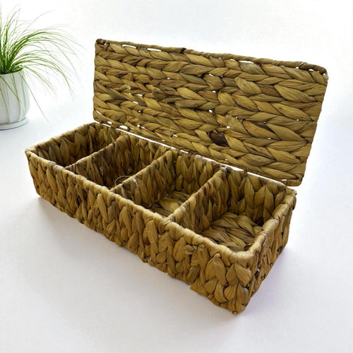 Hasır Dekoratif Su Sümbülü Kapaklı 3 Bölmeli Organizer Sepet
