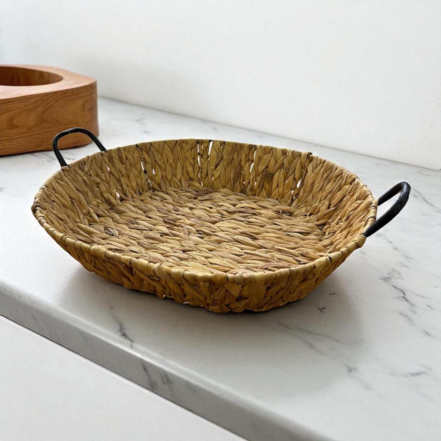 Doğal Su Sümbülü Hasır  El Örgüsü Tepsi – Kulplu Dekoratif Sepet