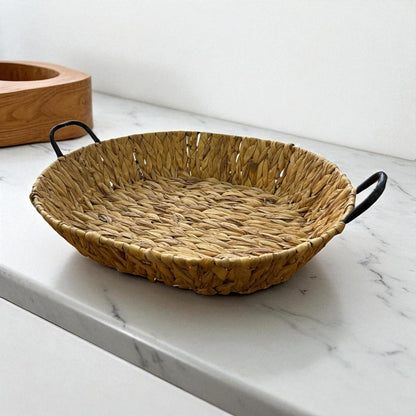 Doğal Su Sümbülü Hasır  El Örgüsü Tepsi – Kulplu Dekoratif Sepet