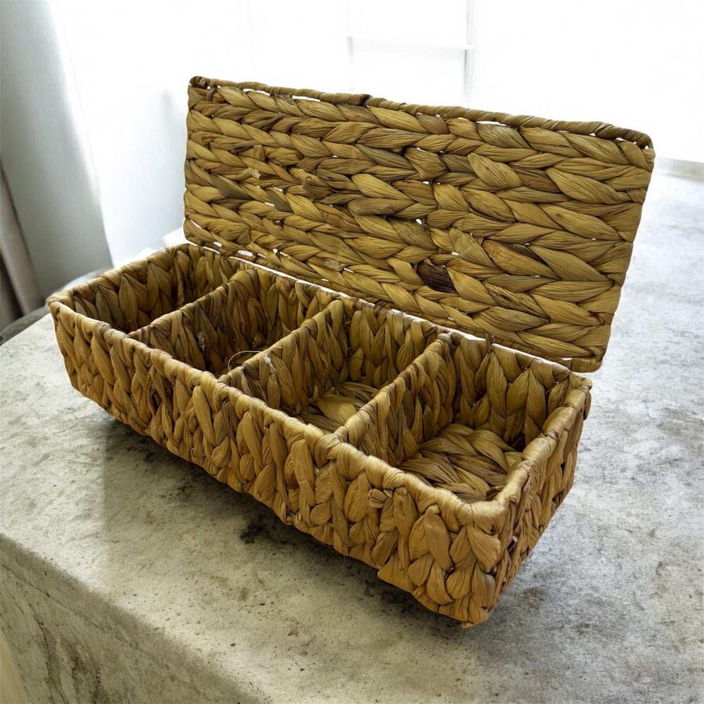 Hasır Dekoratif Su Sümbülü Kapaklı 3 Bölmeli Organizer Sepet