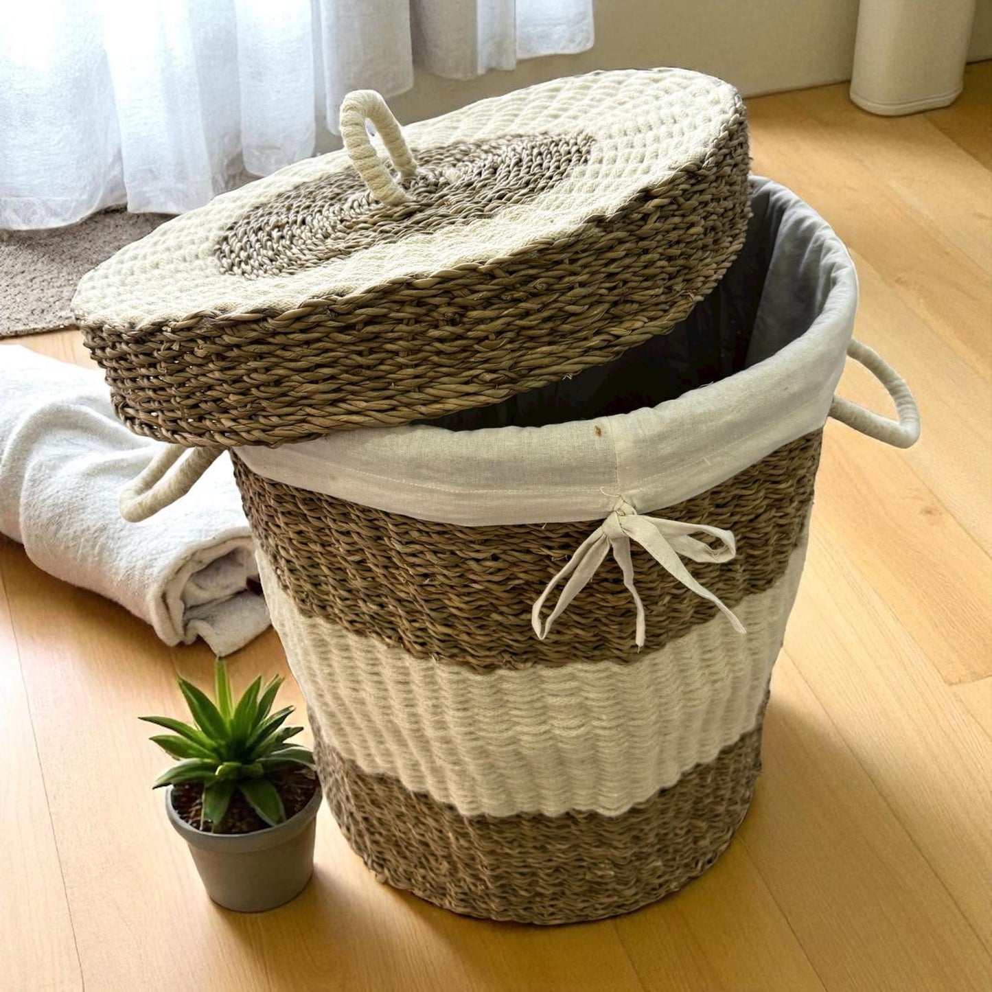 Hasır Dekoratif Silindir Çamaşır  Sepeti