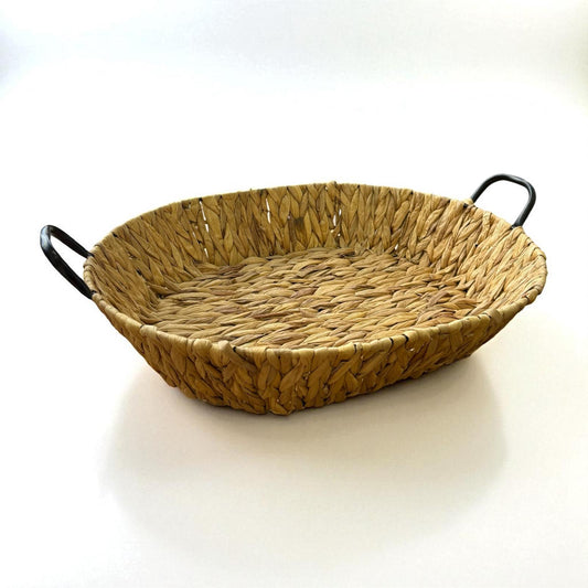 Doğal Su Sümbülü Hasır  El Örgüsü Tepsi – Kulplu Dekoratif Sepet