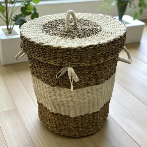 Hasır Dekoratif Silindir Çamaşır  Sepeti