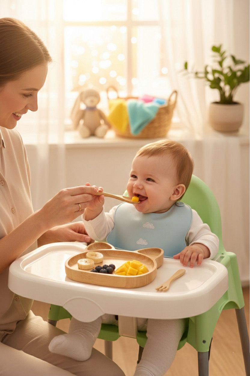 Kedi Figürlü Bambu Bebek Mama Seti – Bölmeli Tabak + Kaşık Çatal Seti