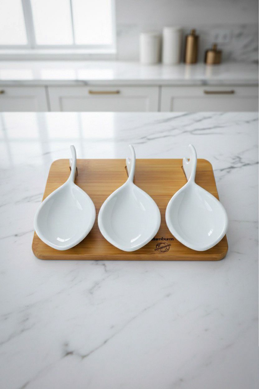 3’lü Porselen Sosluk & Mezelik Seti – Bambu Sunum Tahtalı Şık Servis Seti