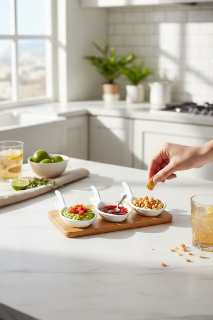 3’lü Porselen Sosluk & Mezelik Seti – Bambu Sunum Tahtalı Şık Servis Seti