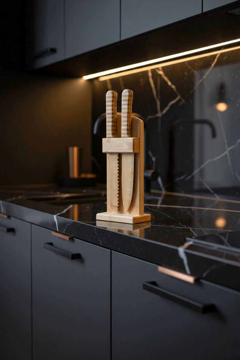 Doğal Bambu Bıçak Seti – 2’li Şef & Ekmek Bıçağı + Bambu Blok Stand