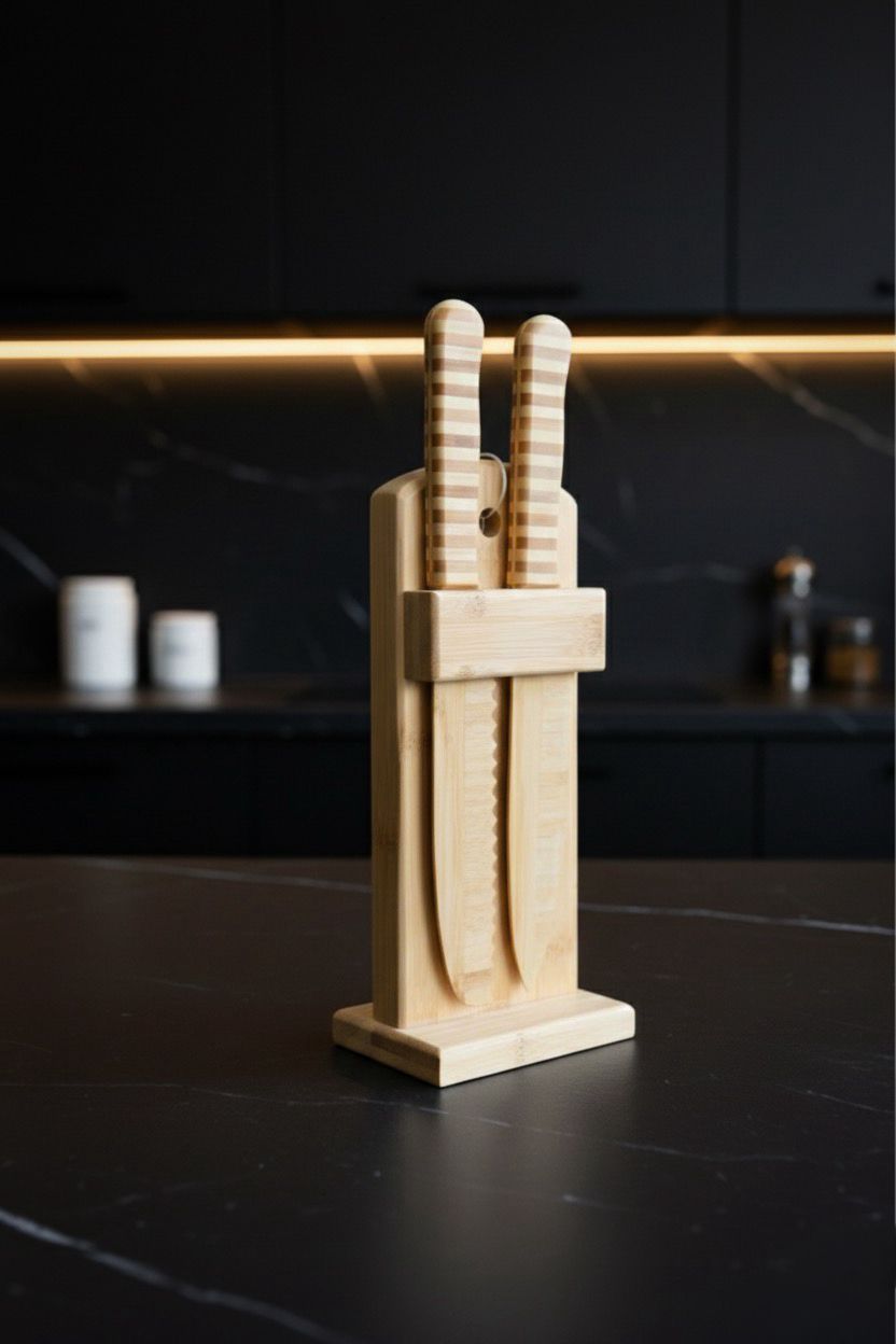 Doğal Bambu Bıçak Seti – 2’li Şef & Ekmek Bıçağı + Bambu Blok Stand