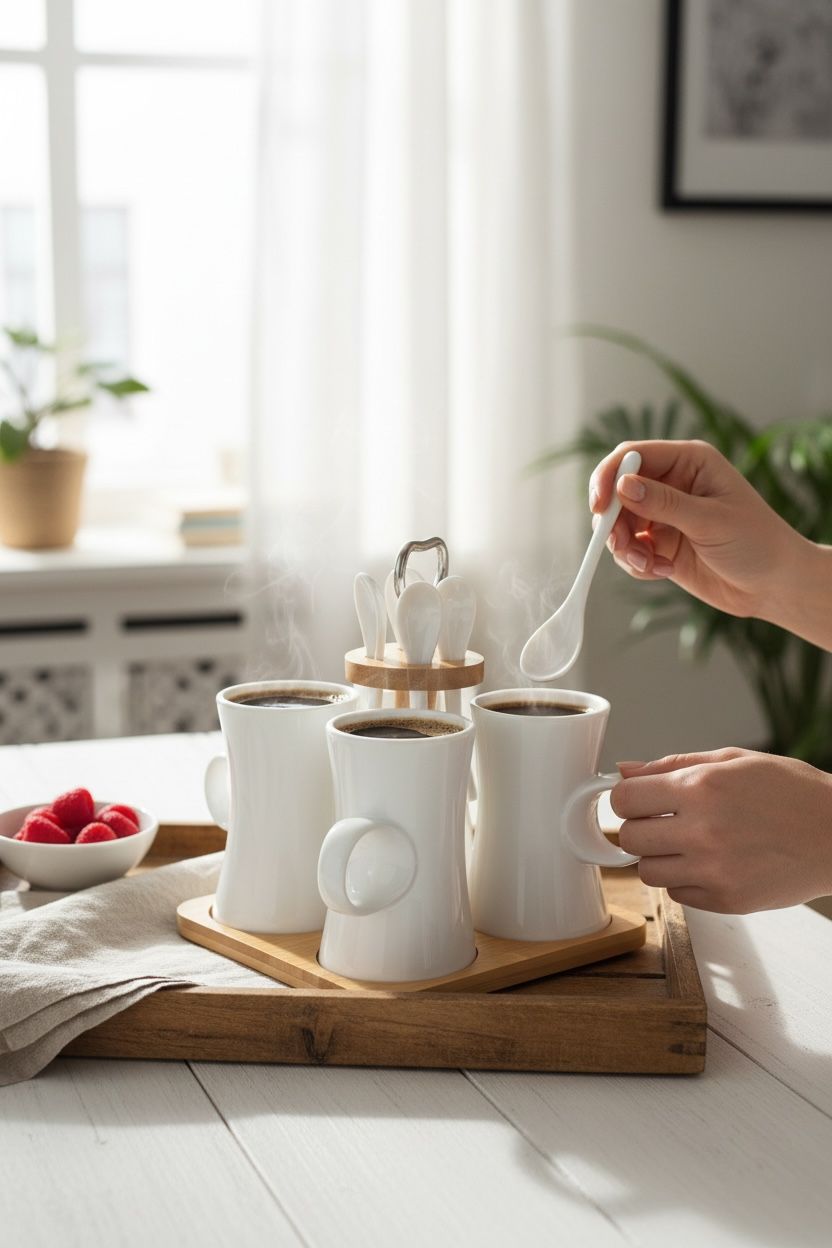 Modern Lüks Kahve Fincan Seti – 4’lü Porselen Fincan + Bambu Stand & Kaşık Seti