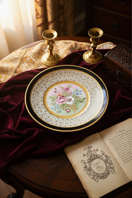 Osmanlı Tarzı Altın Yaldızlı Dekoratif Porselen Tabak – El İşçiliği Çiçek Motifli