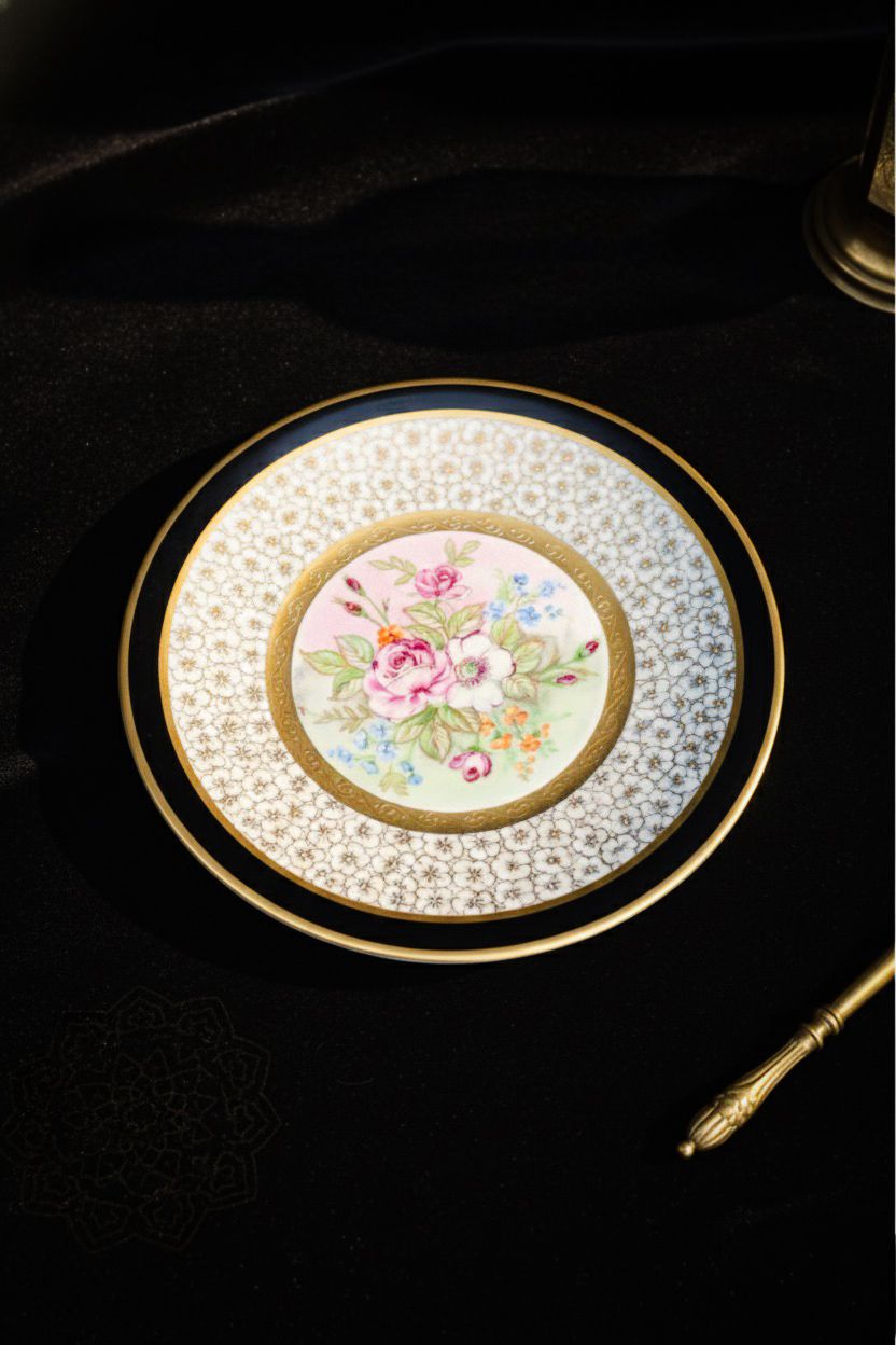 Osmanlı Tarzı Altın Yaldızlı Dekoratif Porselen Tabak – El İşçiliği Çiçek Motifli