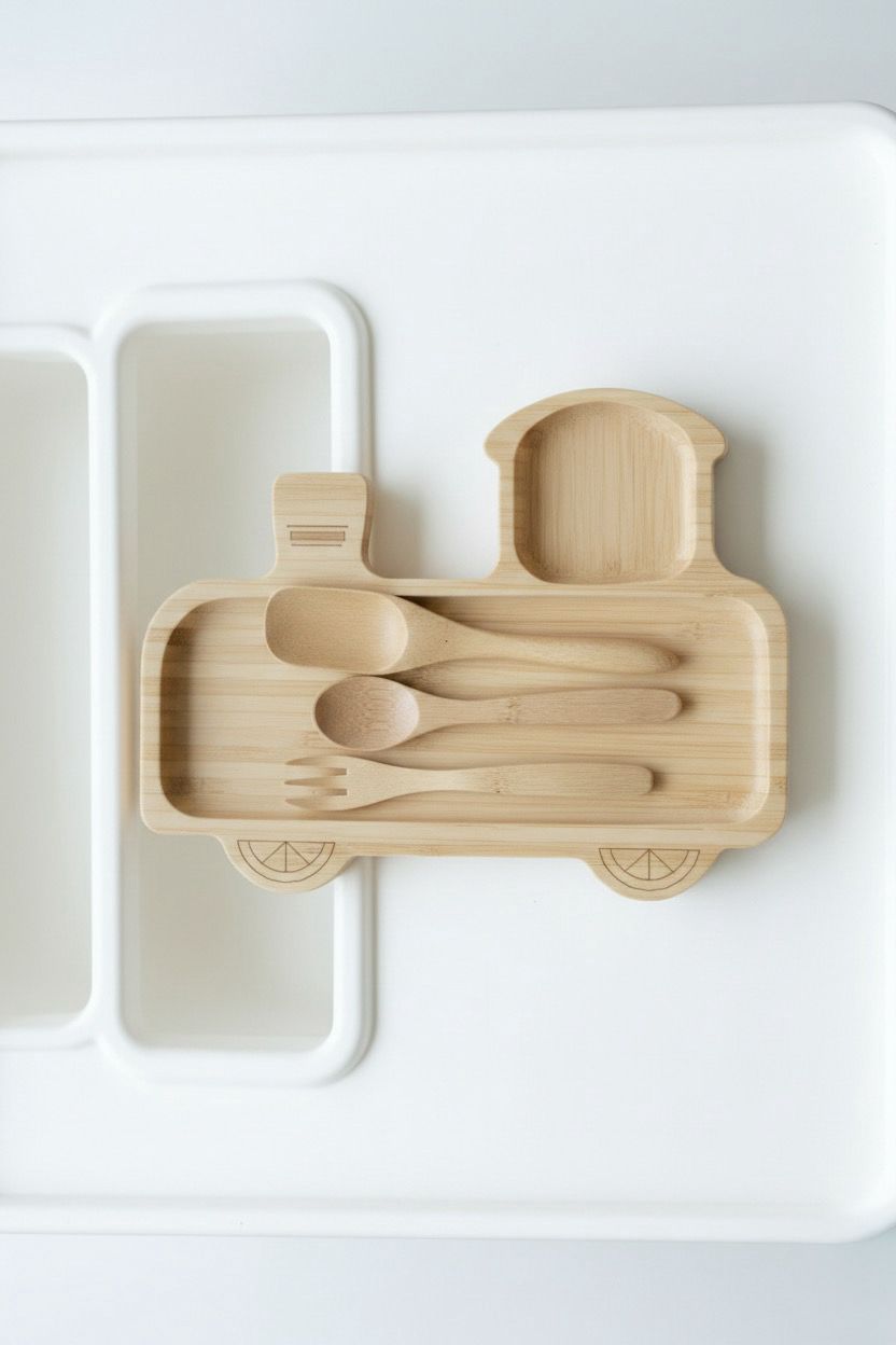 Tren Figürlü Bambu Bebek Mama Seti – Bölmeli Tabak + Kaşık Çatal Seti
