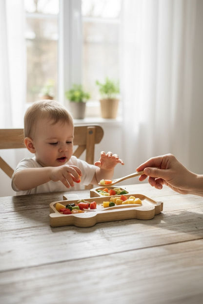 Tren Figürlü Bambu Bebek Mama Seti – Bölmeli Tabak + Kaşık Çatal Seti