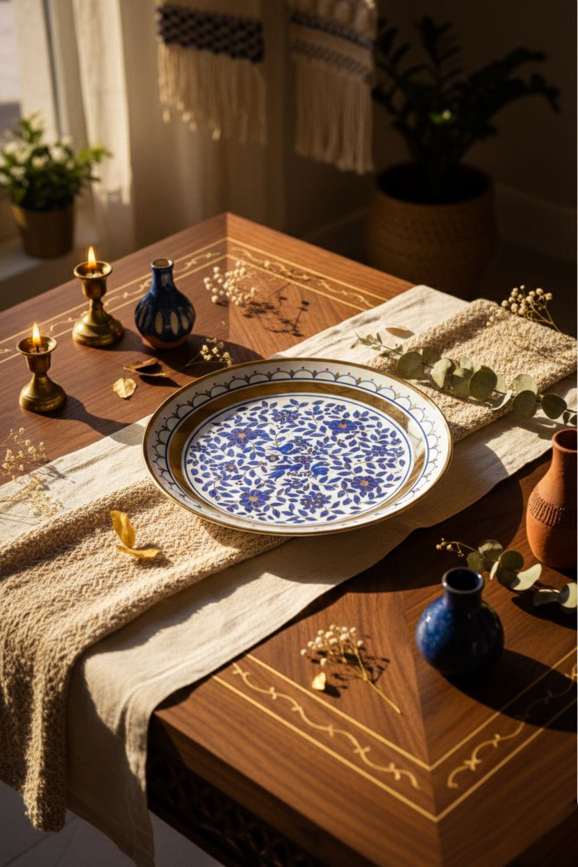 2002 Yapımı Osmanlı Tarzı Koleksiyonluk Porselen Tabak – Altın Yaldızlı Mavi Çini Motifli