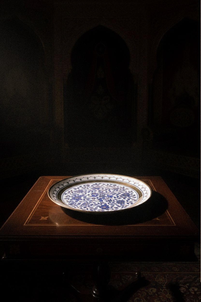 2002 Yapımı Osmanlı Tarzı Koleksiyonluk Porselen Tabak – Altın Yaldızlı Mavi Çini Motifli