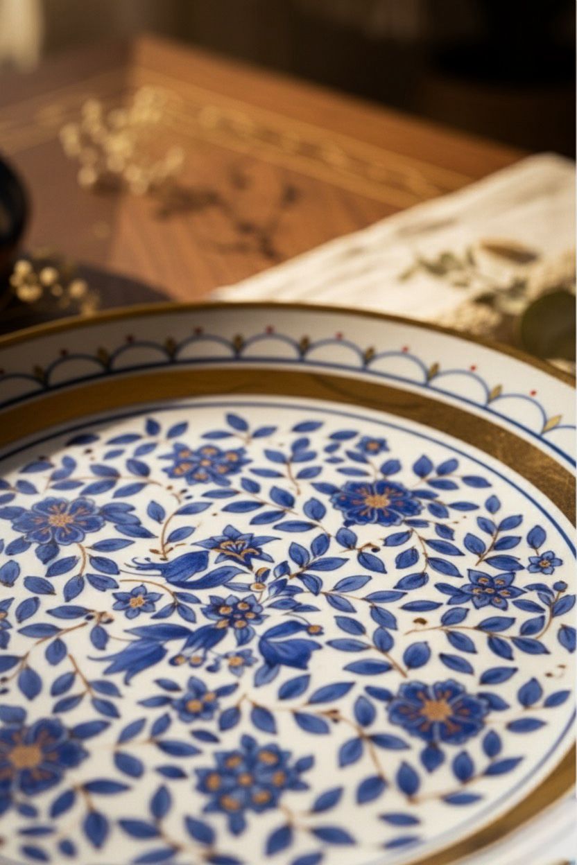 2002 Yapımı Osmanlı Tarzı Koleksiyonluk Porselen Tabak – Altın Yaldızlı Mavi Çini Motifli