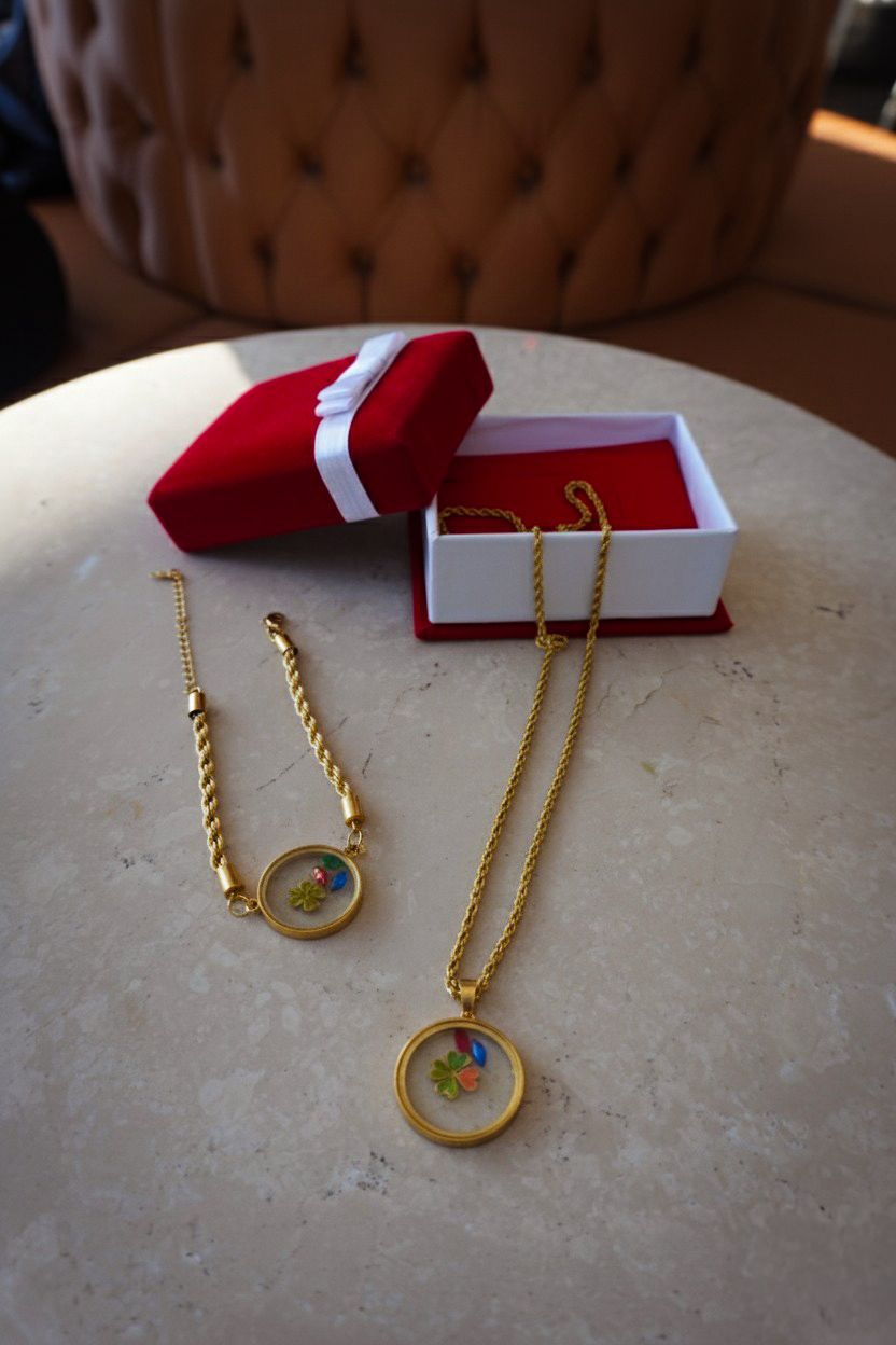 Yonca Figürlü Gold Kaplama Kolye & Bileklik Seti – Şans ve Zarafeti Bir Arada