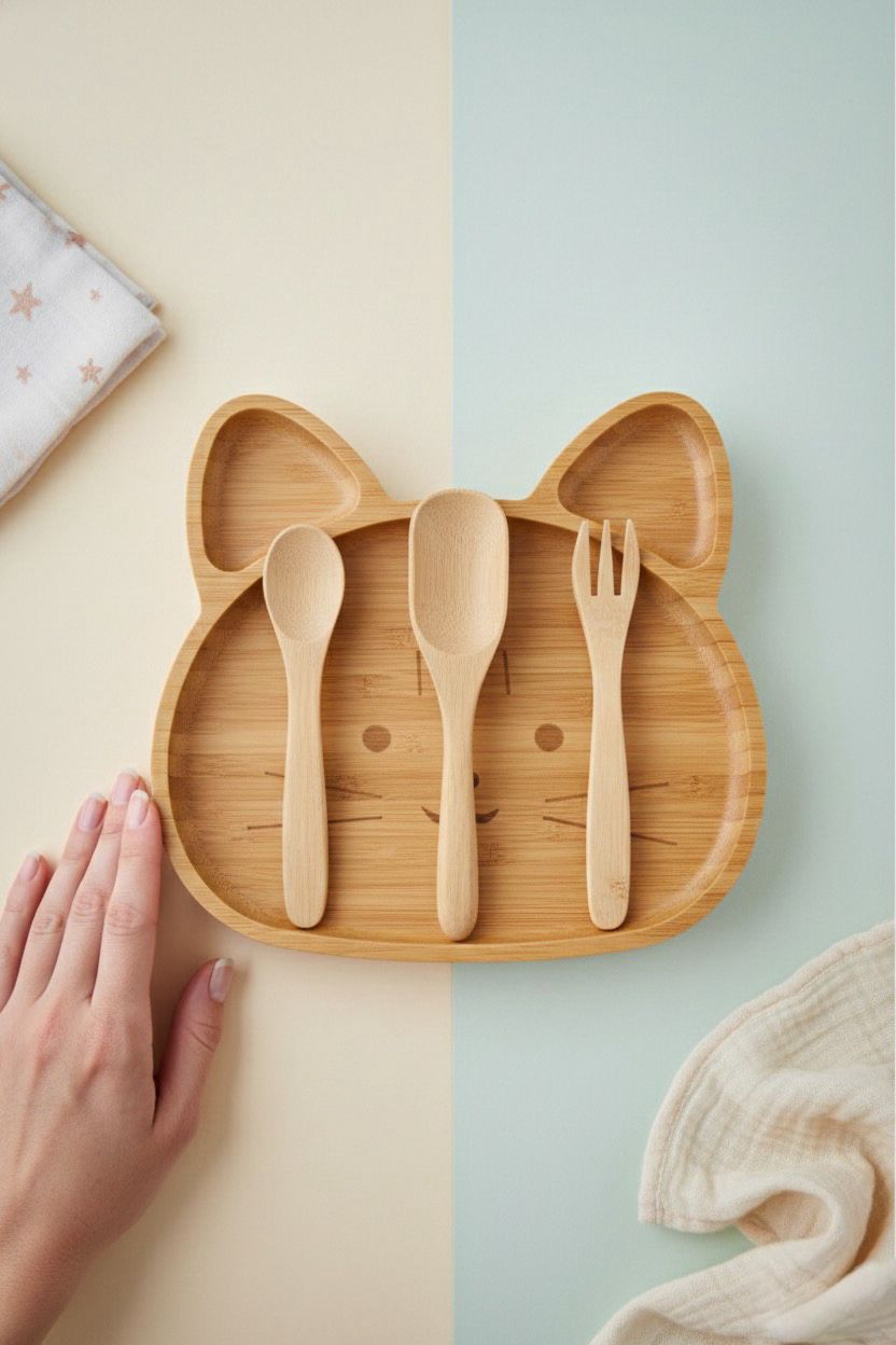 Kedi Figürlü Bambu Bebek Mama Seti – Bölmeli Tabak + Kaşık Çatal Seti