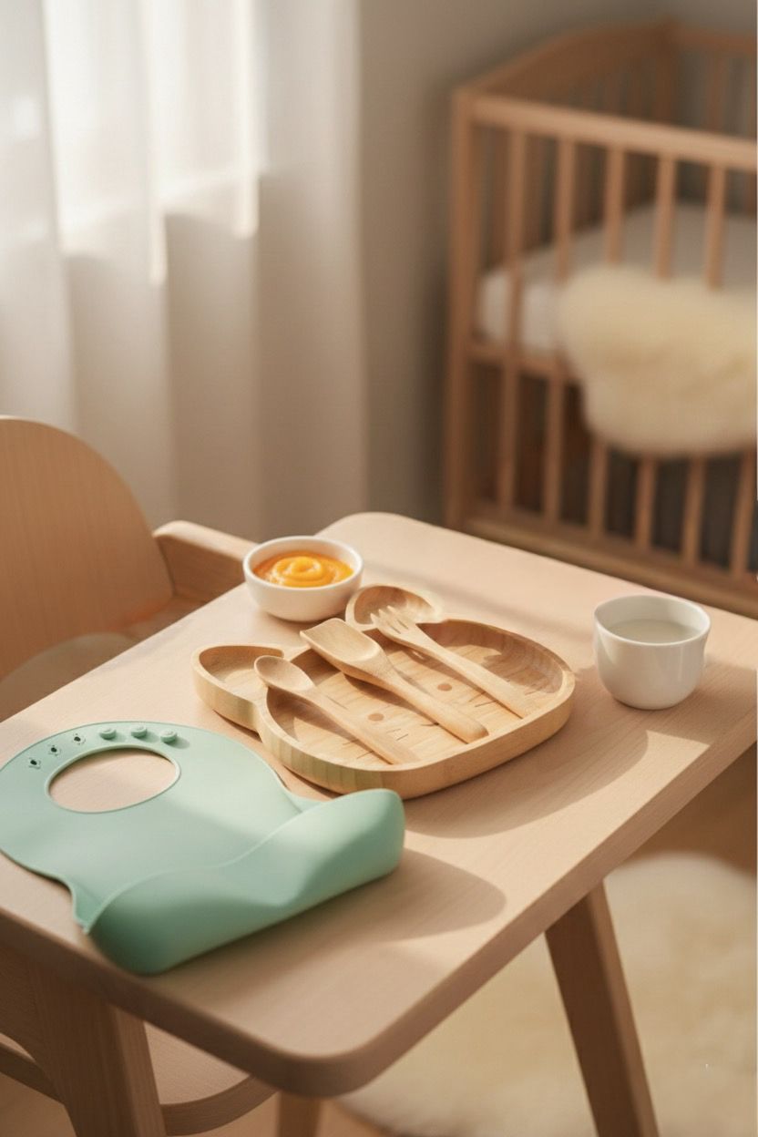 Kedi Figürlü Bambu Bebek Mama Seti – Bölmeli Tabak + Kaşık Çatal Seti