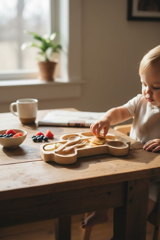 Araba Figürlü Bambu Bebek Mama Seti – Bölmeli Tabak + Kaşık Çatal Seti