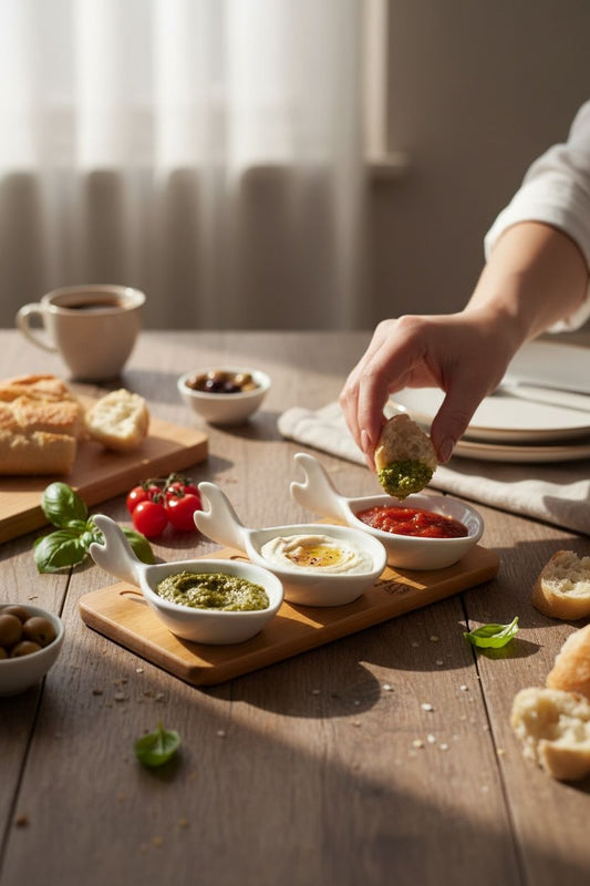 3’lü Porselen Sosluk & Mezelik Seti – Bambu Sunum Tahtalı Şık Servis Seti
