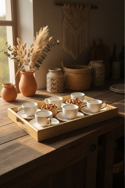6’lı Porselen Kahve Fincan Seti – Bambu Servis Tepsili Şık Sunum Seti