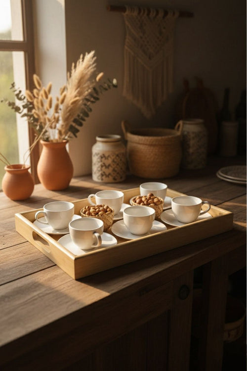 6’lı Porselen Kahve Fincan Seti – Bambu Servis Tepsili Şık Sunum Seti