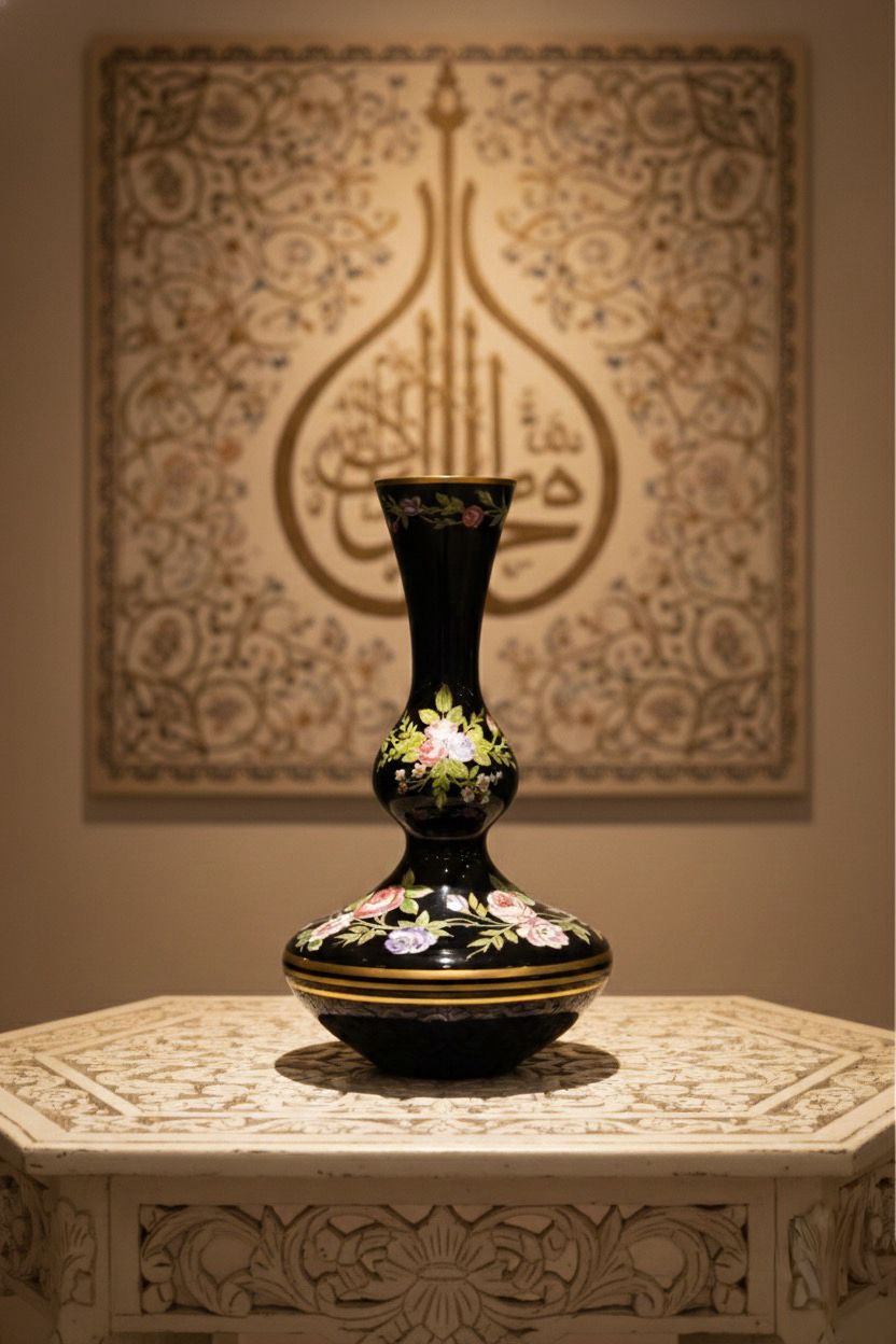 50 Yıllık Osmanlı Tarzı El İşlemeli Vazo – Altın Yaldızlı, Siyah Zeminli Koleksiyon Parçası