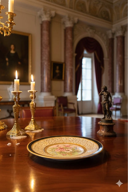 Osmanlı Tarzı Altın Yaldızlı Dekoratif Porselen Tabak – El İşçiliği Çiçek Motifli