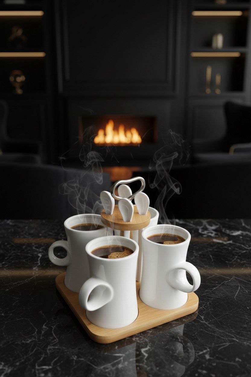 Modern Lüks Kahve Fincan Seti – 4’lü Porselen Fincan + Bambu Stand & Kaşık Seti