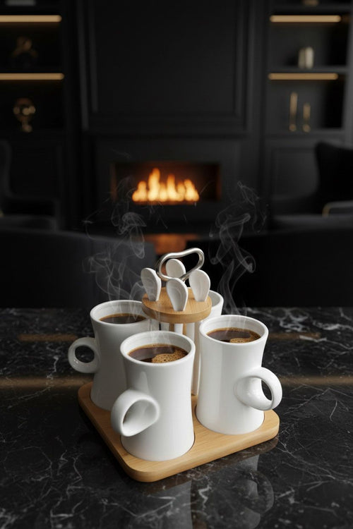 Modern Lüks Kahve Fincan Seti – 4’lü Porselen Fincan + Bambu Stand & Kaşık Seti