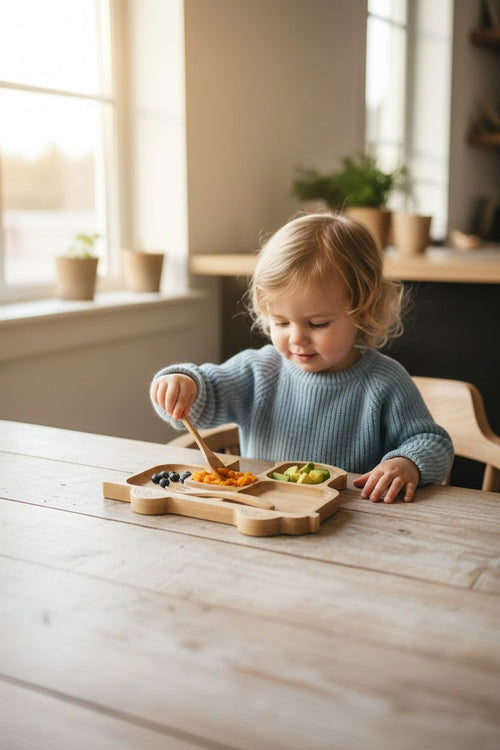 Tren Figürlü Bambu Bebek Mama Seti – Bölmeli Tabak + Kaşık Çatal Seti