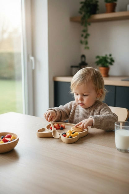 Kedi Figürlü Bambu Bebek Mama Seti – Bölmeli Tabak + Kaşık Çatal Seti
