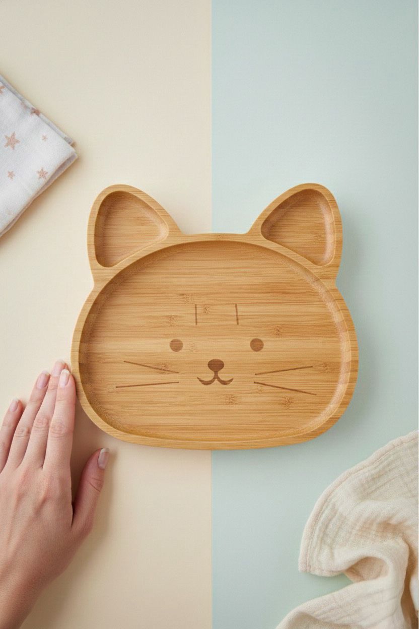 Kedi Figürlü Bambu Bebek Mama Seti – Bölmeli Tabak + Kaşık Çatal Seti