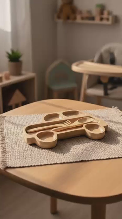 Araba Figürlü Bambu Bebek Mama Seti – Bölmeli Tabak + Kaşık Çatal Seti