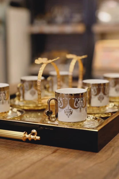 Lüks Altın Detaylı 6’lı Kahve Fincan Takımı – Tepsi Dahil