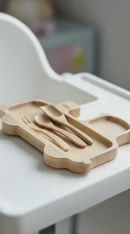 Tren Figürlü Bambu Bebek Mama Seti – Bölmeli Tabak + Kaşık Çatal Seti