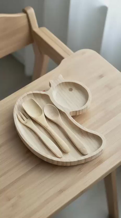 Ördek Figürlü Bambu Bebek Mama Seti – Bölmeli Tabak + Kaşık Çatal Seti