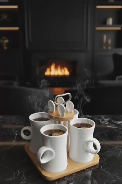 Modern Lüks Kahve Fincan Seti – 4’lü Porselen Fincan + Bambu Stand & Kaşık Seti