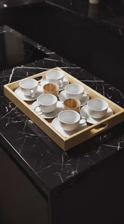6’lı Porselen Kahve Fincan Seti – Bambu Servis Tepsili Şık Sunum Seti